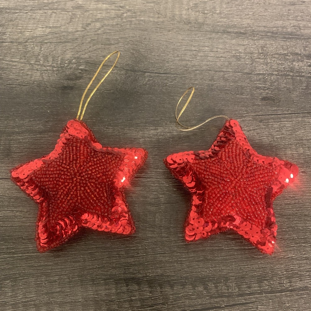 Vintage Red Sequin &‎ Bead Star Christmas Ornaments Set of 2 Holiday Decorations
